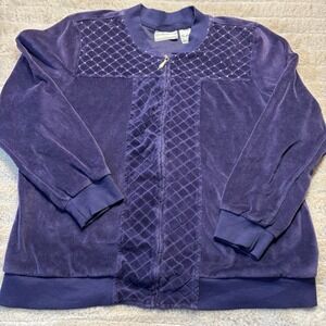 Alfred Dunner Womens Purple Embellished Velour Full Zip Sweater Size Petite 8 P